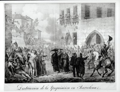 Vernietiging van de Inquisitie in Barcelona, 10 maart 1820, gegraveerd door Godefroy Engelmann door Hippolyte Lecomte